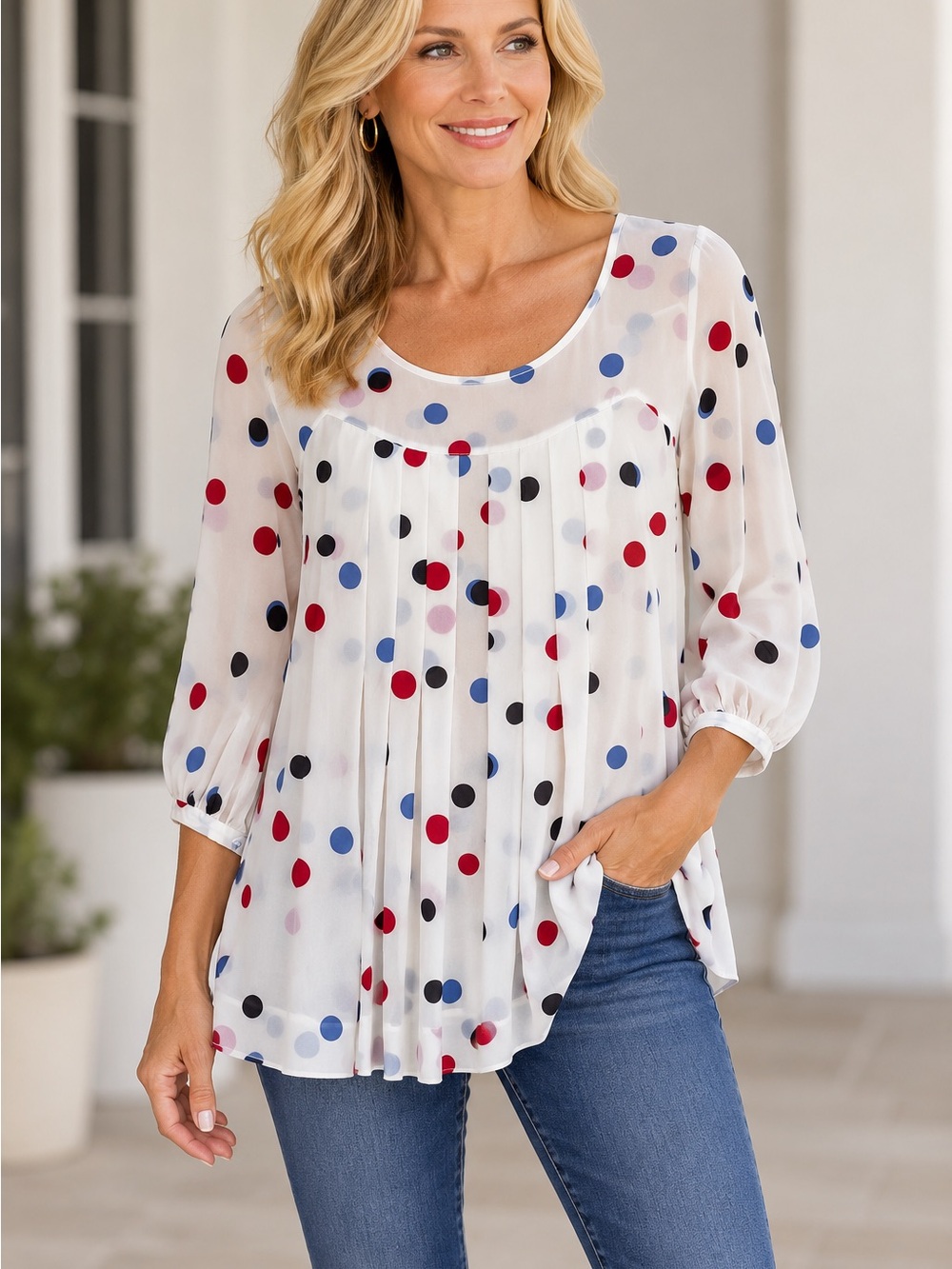 Silk Donna Karan White Polka Dot Pleated Blouse - Red & Blue Dots
